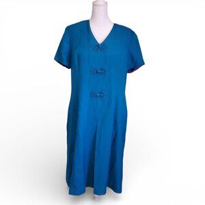 Vintage 80s 90s Adrianna Papell Turquoise Blue Dress Decorative Knot Buttons